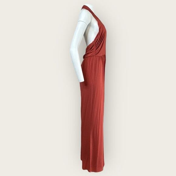 NWT | Krisa | Plunge Halter Flare Jumpsuit | Burnt Orange | Large - Picture 4 of 15